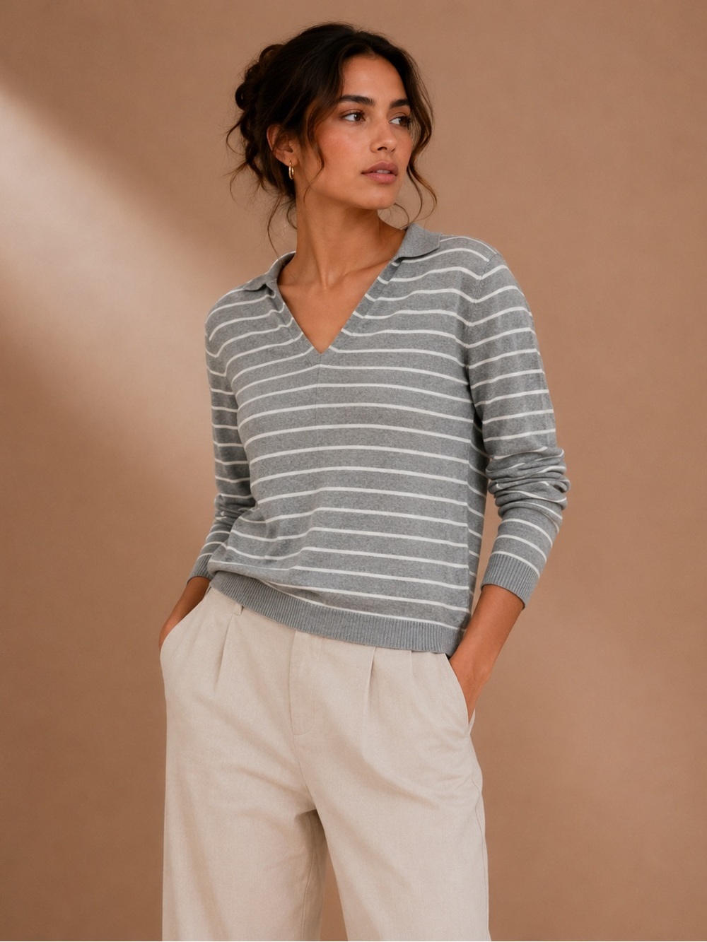 Staccato Gray Stripe Lightweight Sweater Soft Knit Casual Everyday Layering L